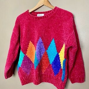 HERE’S A HUG fun pink chenille acrylic sweater vintage crew 80s diamond argyle L